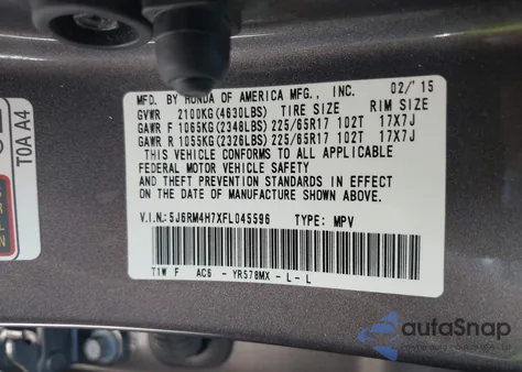 2015 Honda Cr-V Ex-L from USA, damaged, VIN 5J6RM4H7XFL045596
